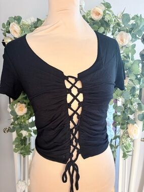 Active USA Black Lace-Up Short Sleeve Top